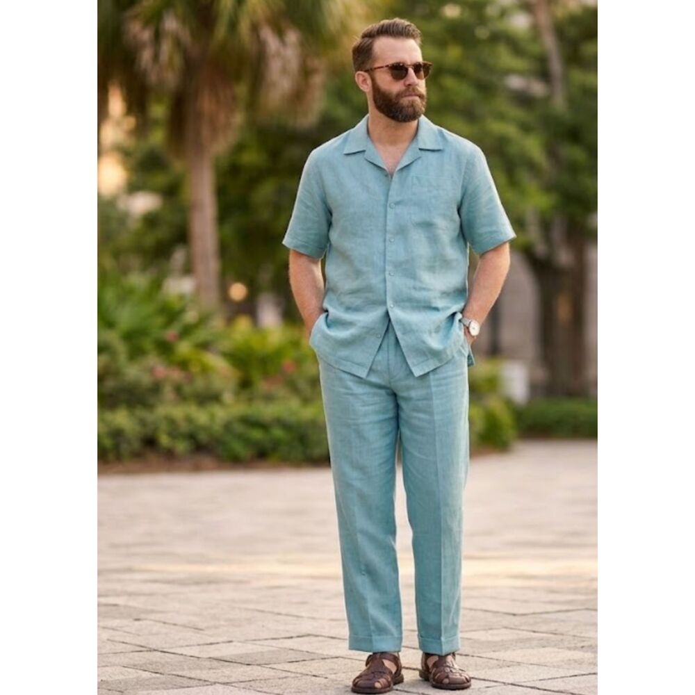 New Syllables Aqua Blue Ramie Button Top Pant Set Men's Size 34 Large